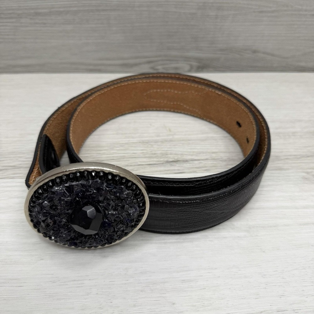 Black Leather Belt Women's Size 34 Wimberly Stone Oval Buckle Lizard Embossed
